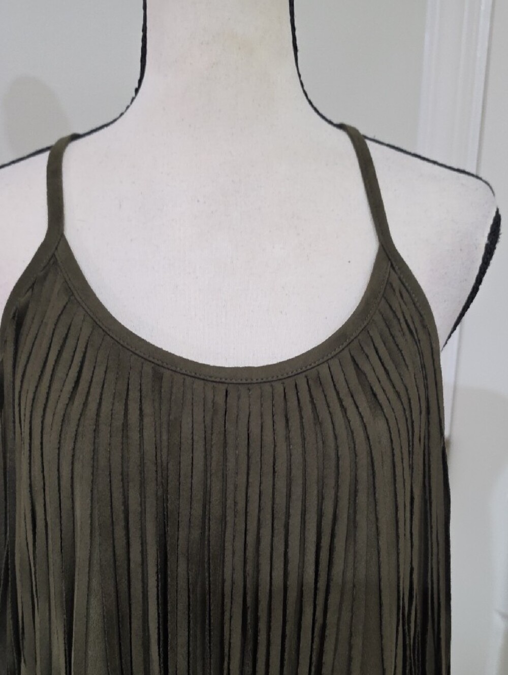 YA Los Angeles Olive Green Faux Suede Fringe Mini Dress - Size Small - Picture 4 of 13